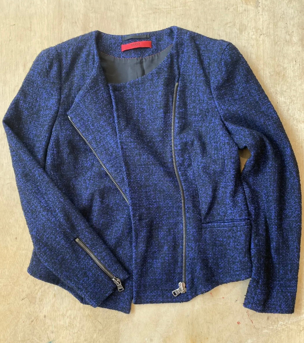 Hugo Boss Navy Tweed Moto-Zip Blazer