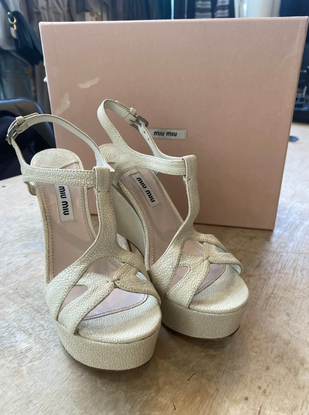 Miu Miu Leather Strap Block Heel Sandals