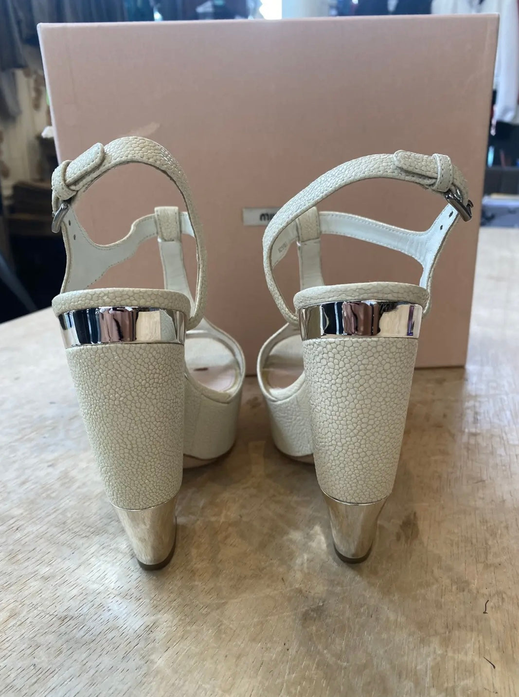 Miu Miu Leather Strap Block Heel Sandals