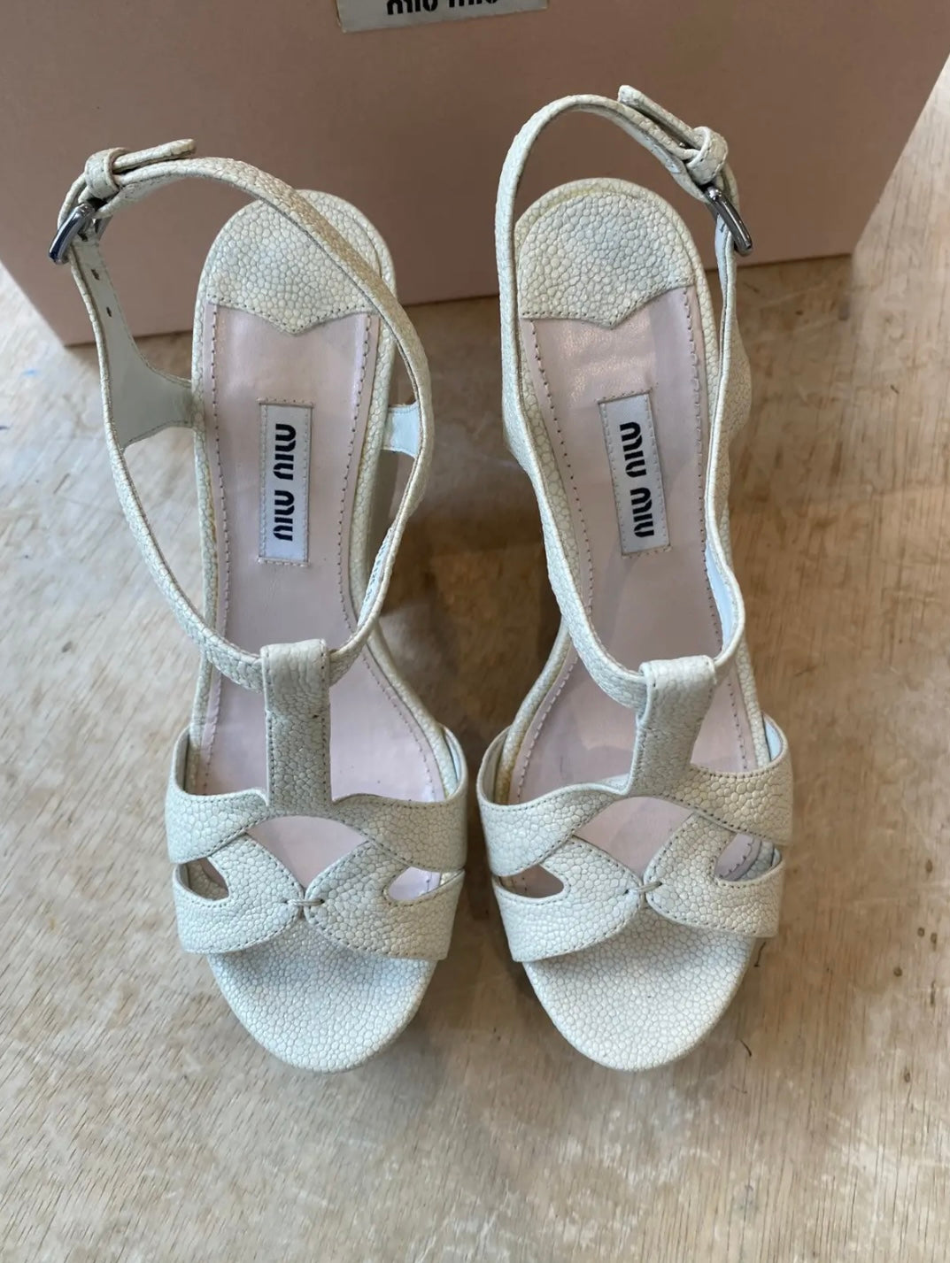 Miu Miu Leather Strap Block Heel Sandals