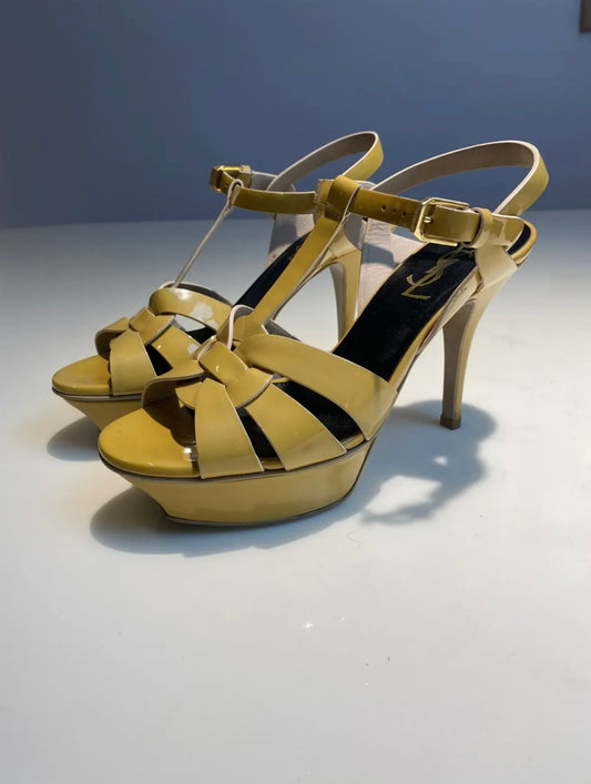 YSL Pastel Yellow Patent Leather Tribute Heels