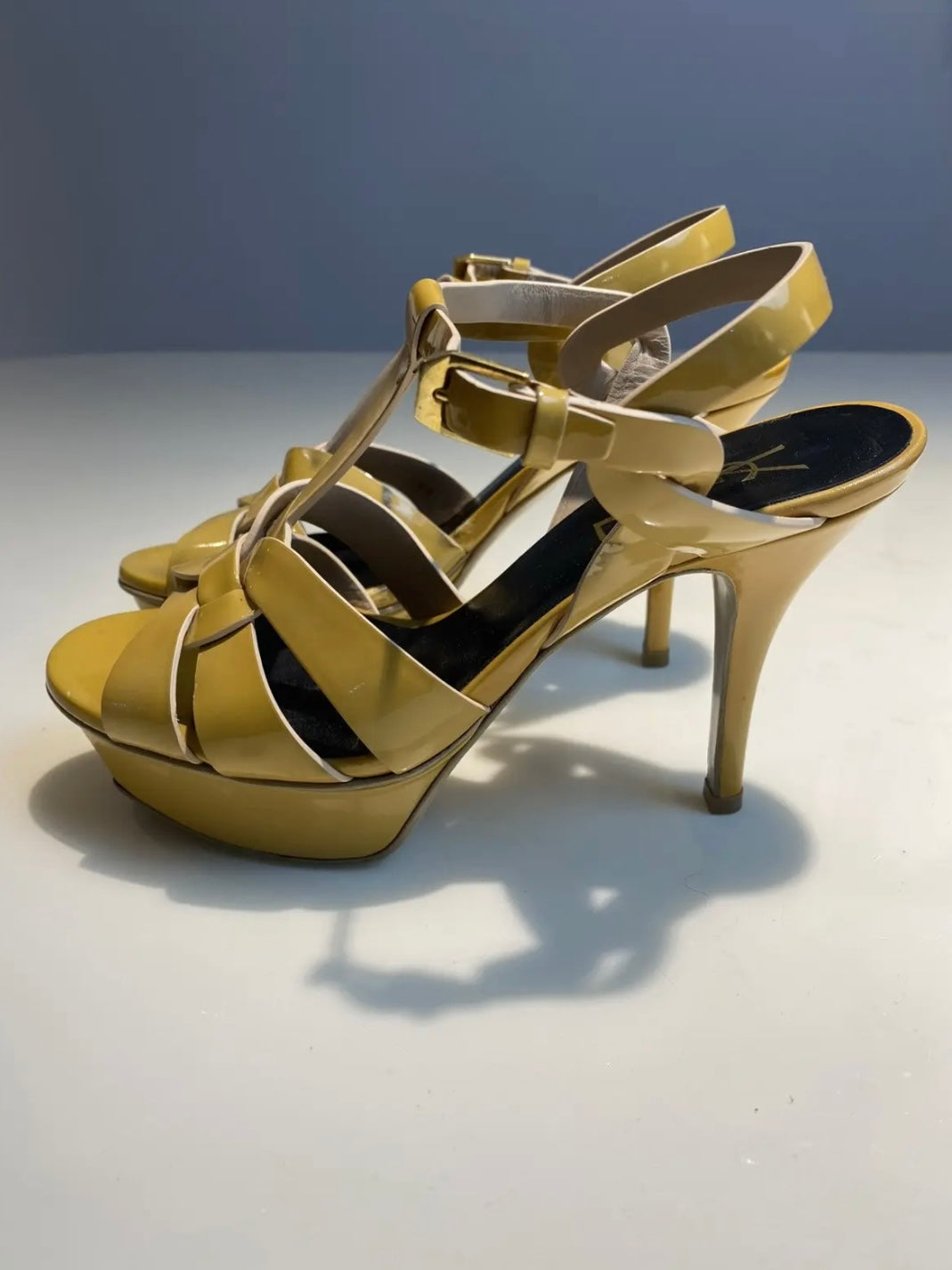 YSL Pastel Yellow Patent Leather Tribute Heels
