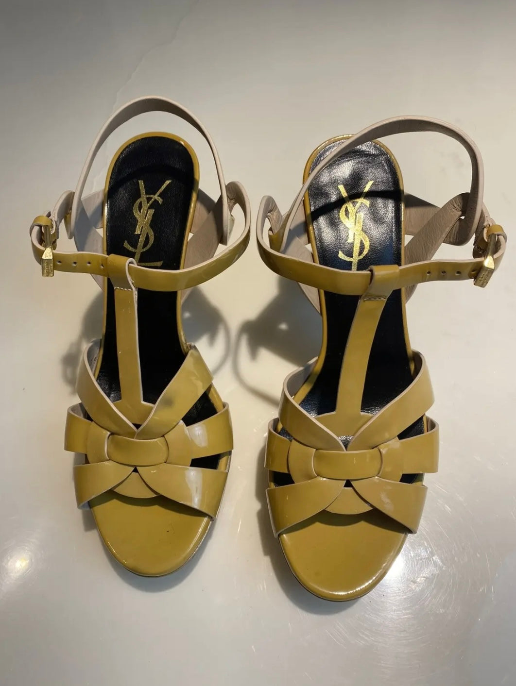 YSL Pastel Yellow Patent Leather Tribute Heels