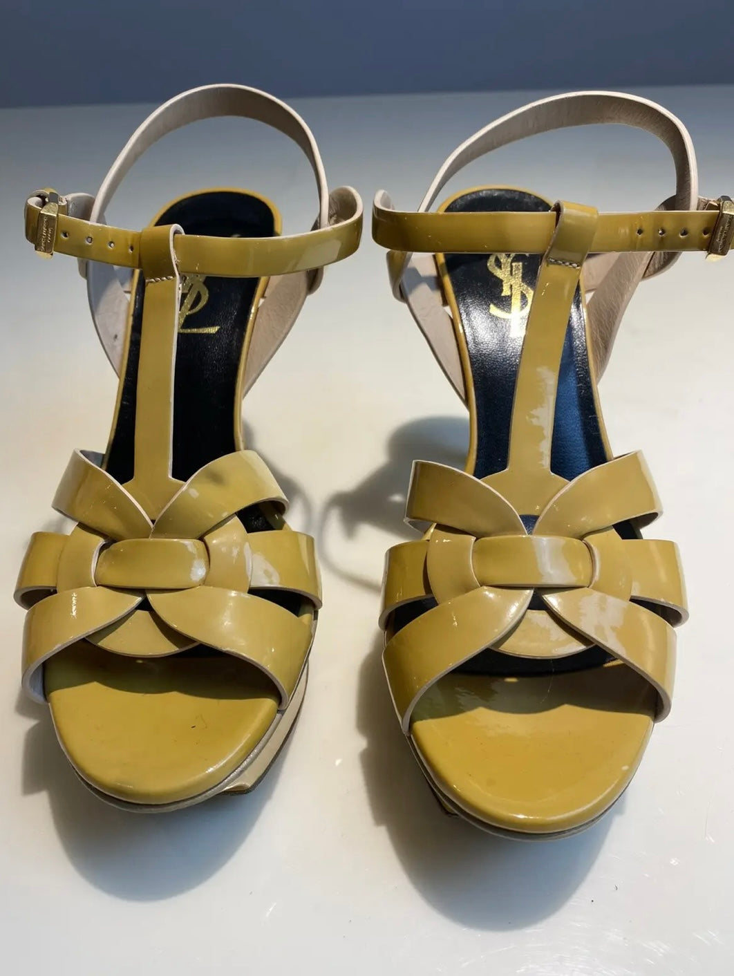 YSL Pastel Yellow Patent Leather Tribute Heels
