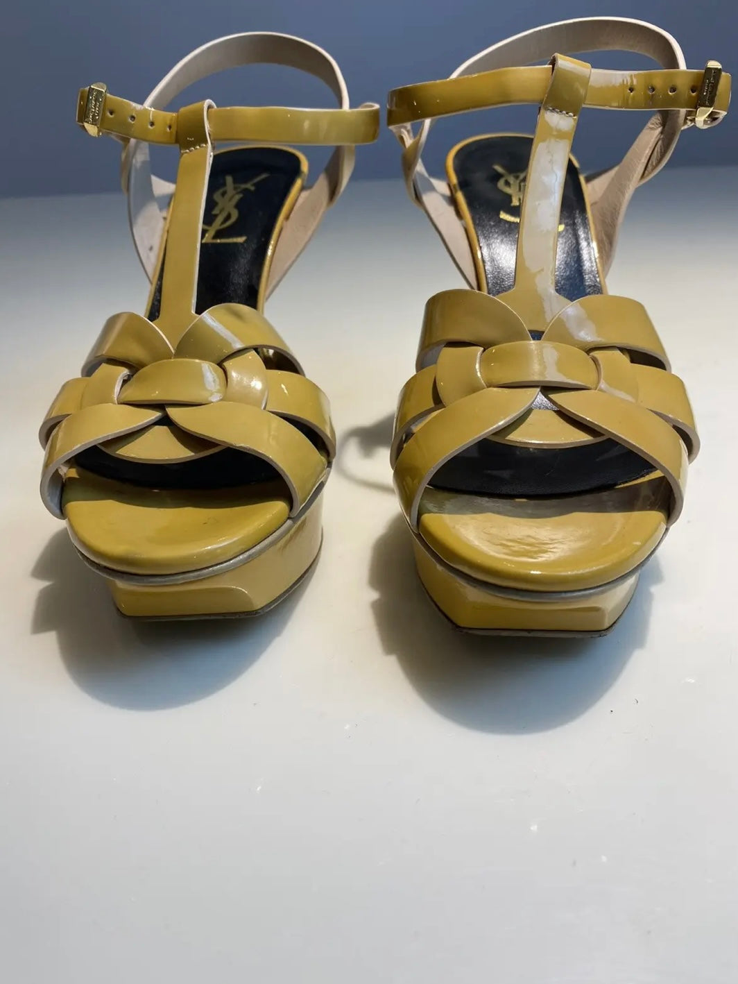 YSL Pastel Yellow Patent Leather Tribute Heels