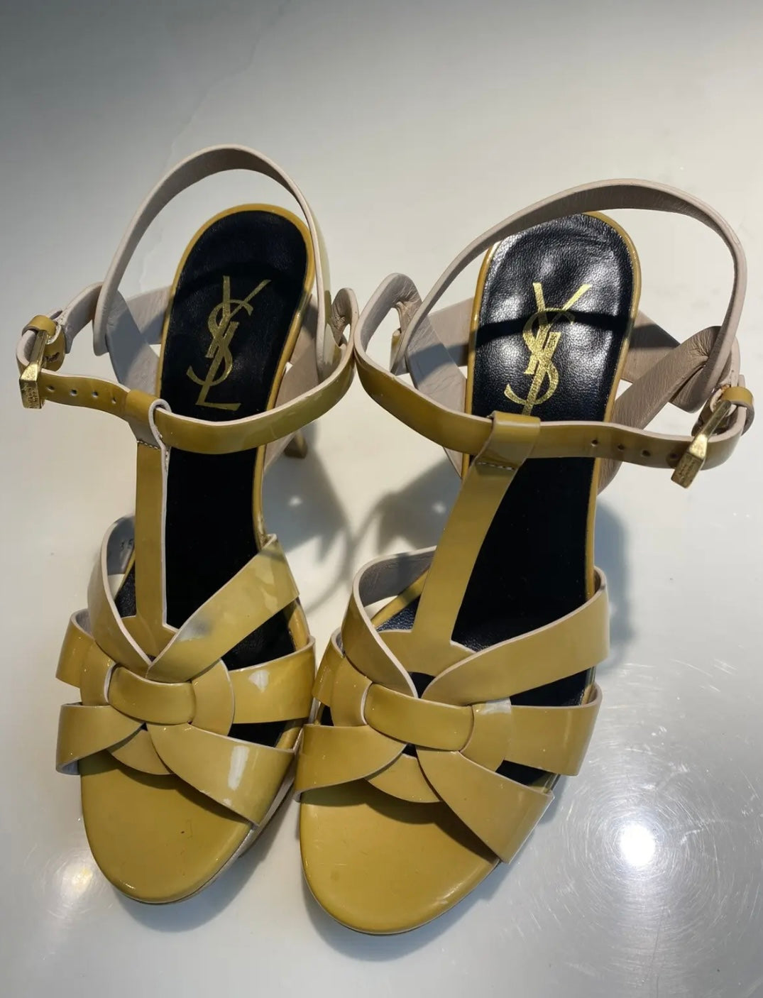 YSL Pastel Yellow Patent Leather Tribute Heels