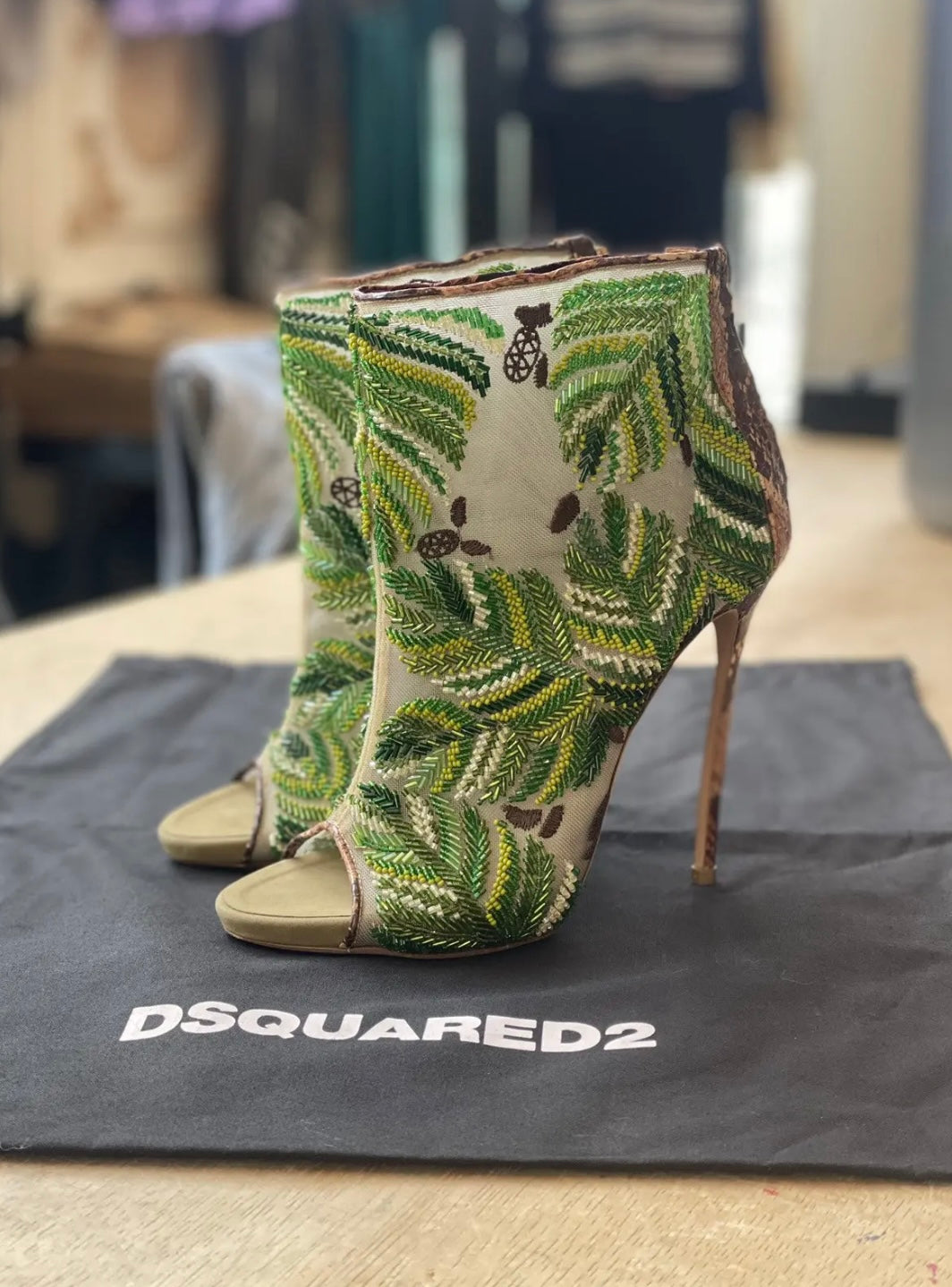 David Eden × Dsquared2 Python Mesh Embroidered Open Toe Ankle Boots Heels