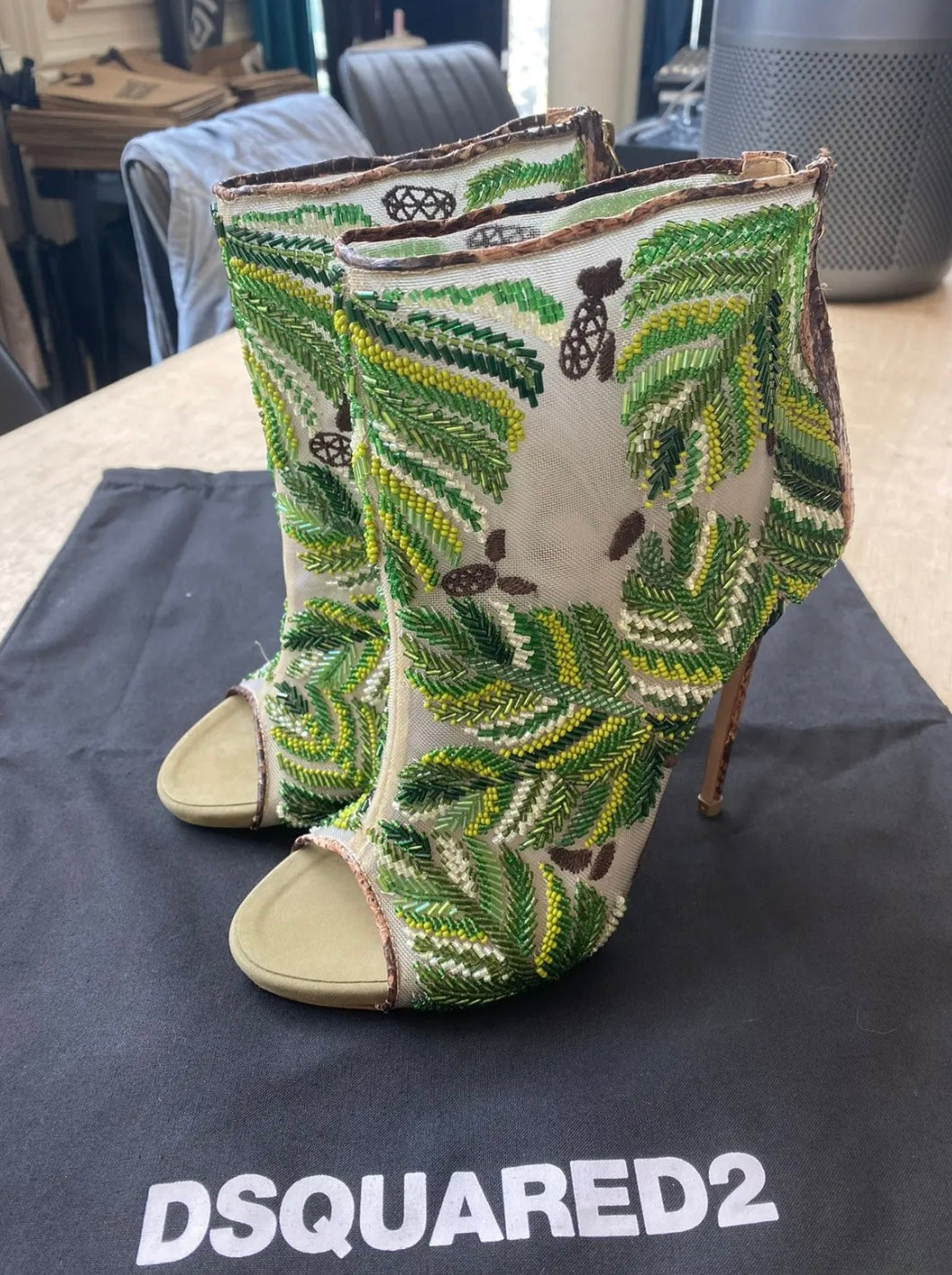 David Eden × Dsquared2 Python Mesh Embroidered Open Toe Ankle Boots Heels