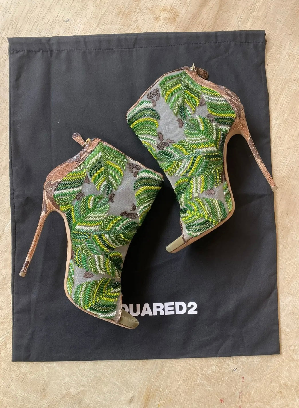 David Eden × Dsquared2 Python Mesh Embroidered Open Toe Ankle Boots Heels