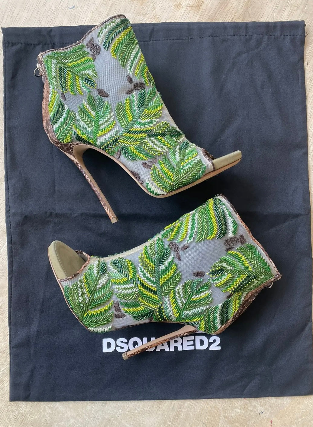 David Eden × Dsquared2 Python Mesh Embroidered Open Toe Ankle Boots Heels