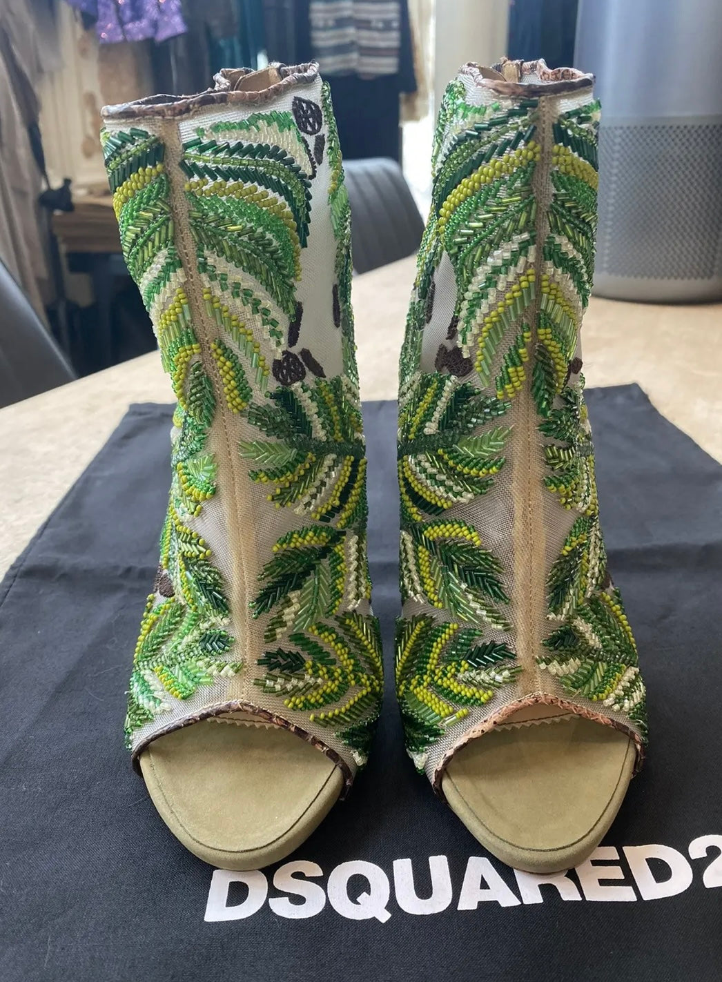 David Eden × Dsquared2 Python Mesh Embroidered Open Toe Ankle Boots Heels