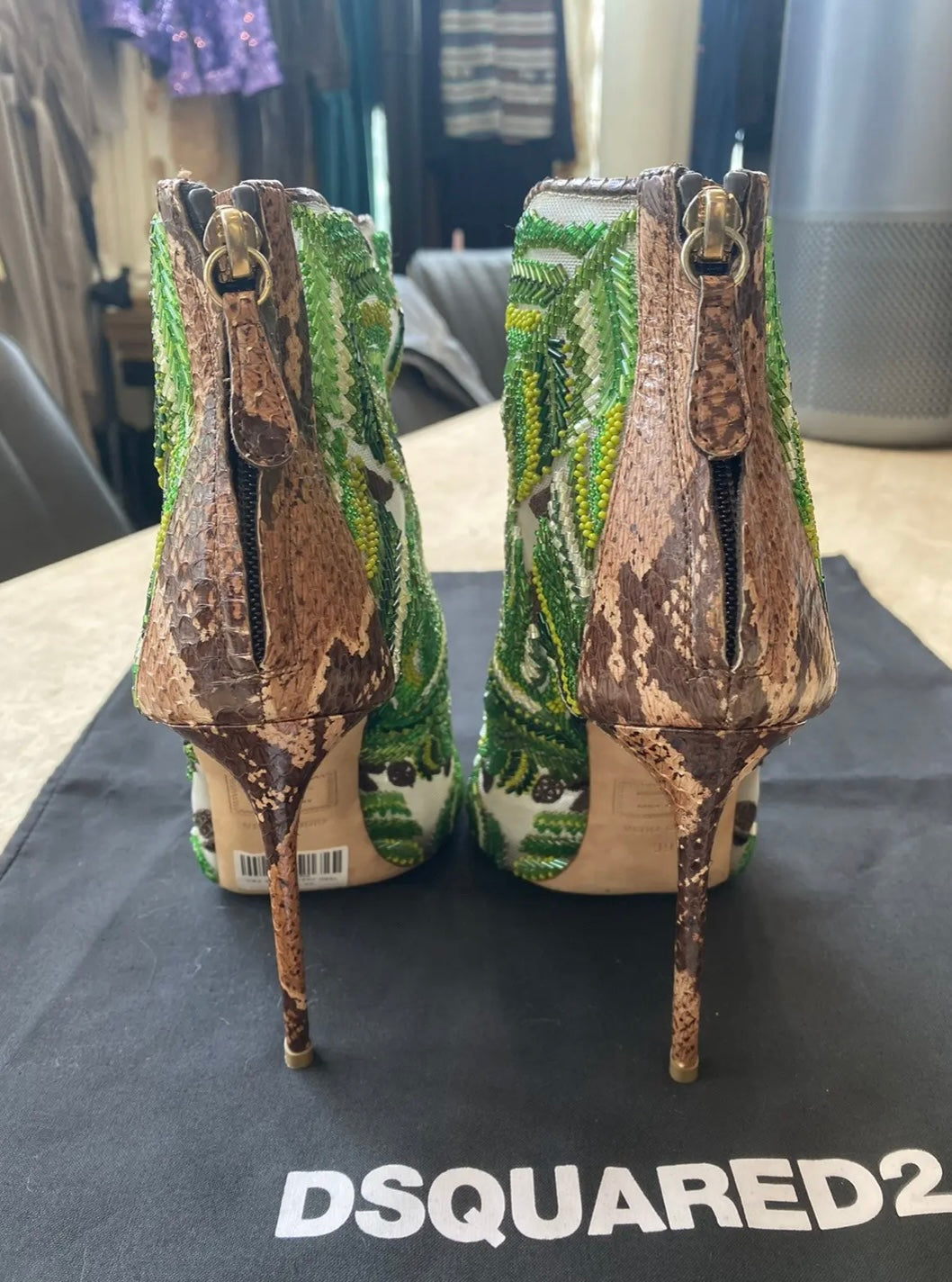 David Eden × Dsquared2 Python Mesh Embroidered Open Toe Ankle Boots Heels