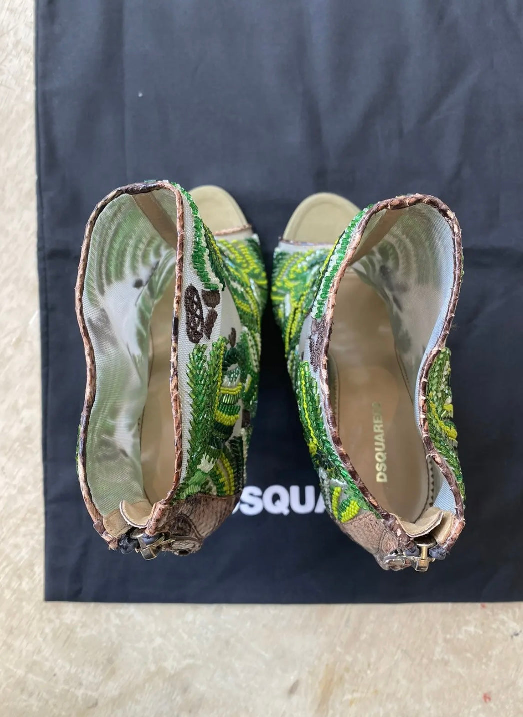 David Eden × Dsquared2 Python Mesh Embroidered Open Toe Ankle Boots Heels