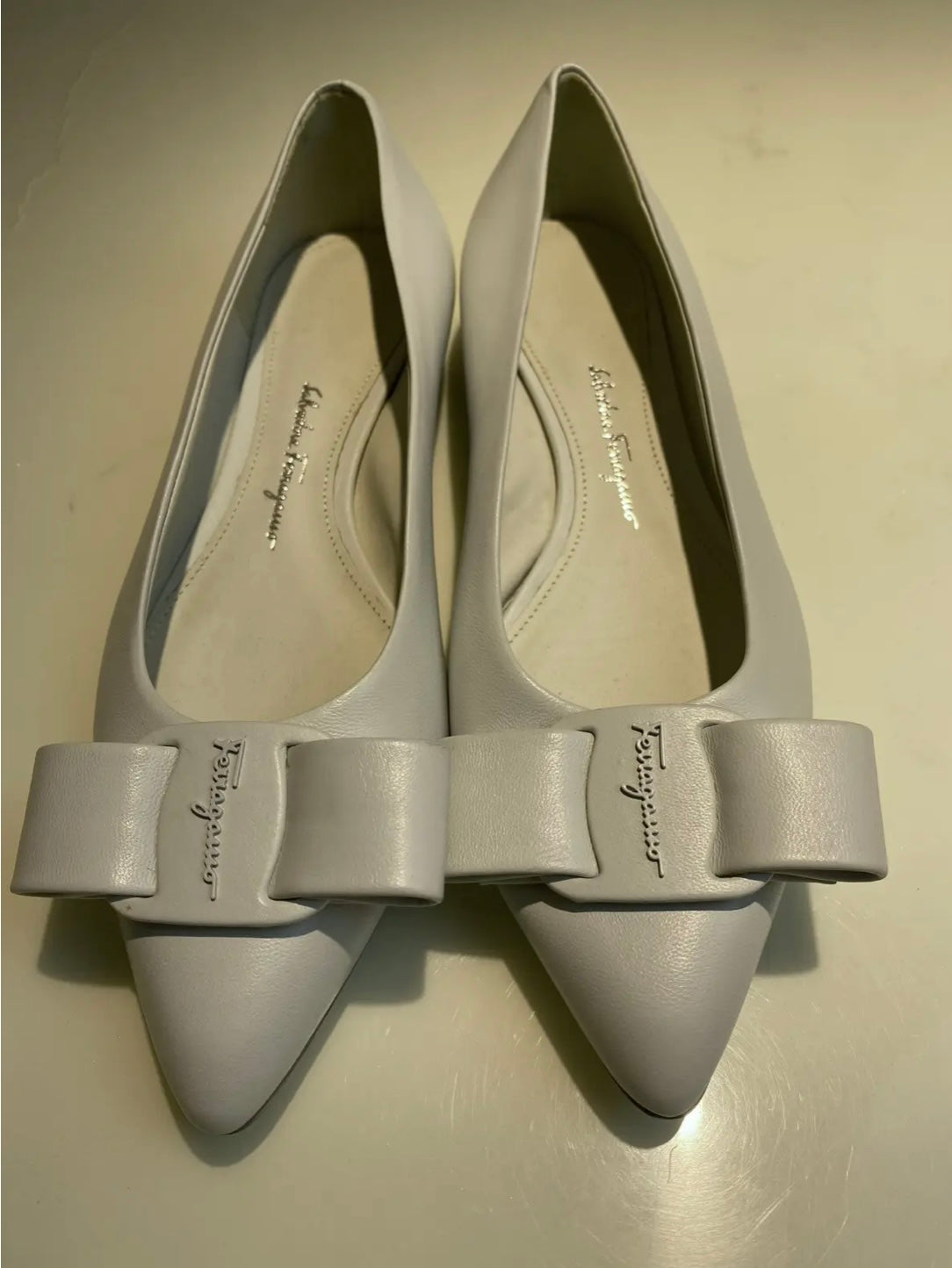 Salvatore Ferragamo Viva White Leather Flats