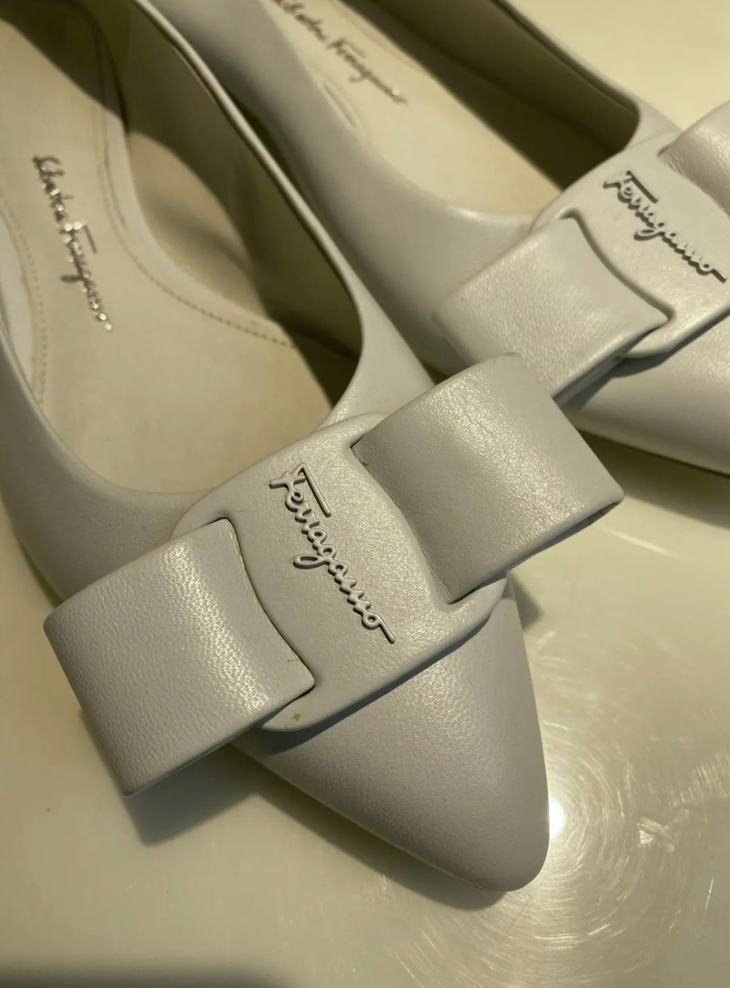 Salvatore Ferragamo Viva White Leather Flats
